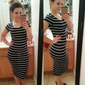 Navy striped petite midi dress